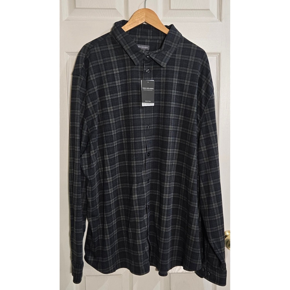 Van Heusen Performance Knit Plaid Shirt Mens 3XLT Oceana Blue Grey Stretch NEW